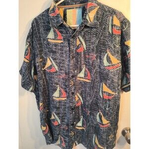 Margaritaville Eco Shirt Mens Large Sailboat Nautical Silk Blend Button Down...